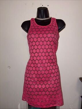 Bathing suit throw over Sleeveless Pink Crochet Shift Dress